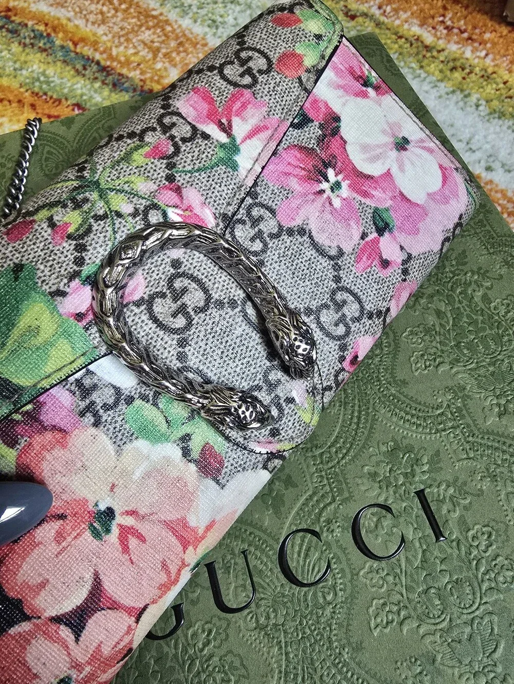 Authentic Gucci Floral Print Chain Wallet in Pink and Green
